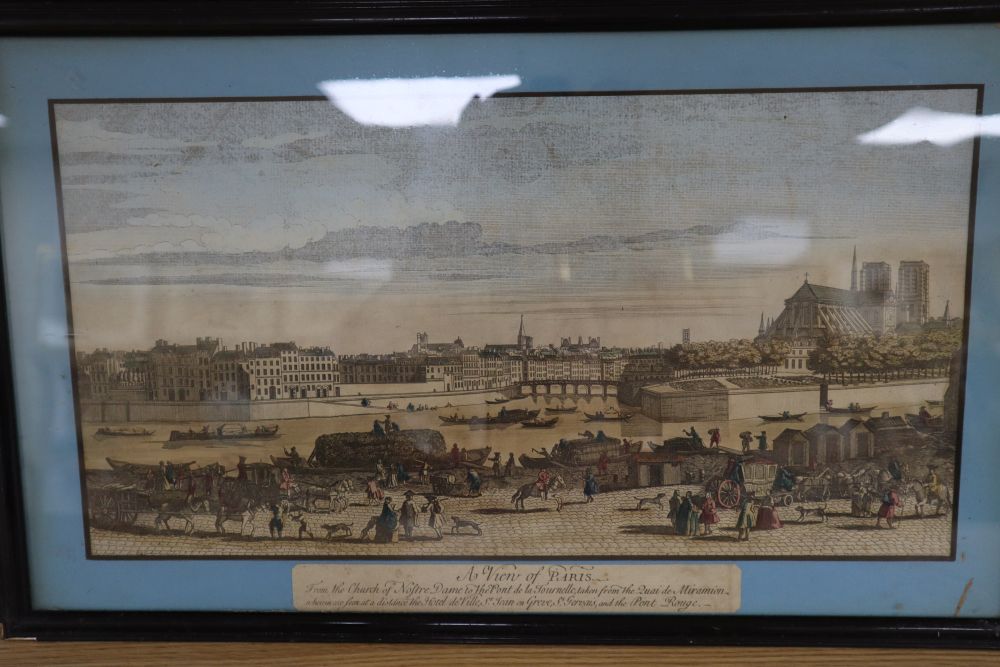 A near set of eight 18th century coloured engravings, Views of London and Paris, approximately 21 x 41cm